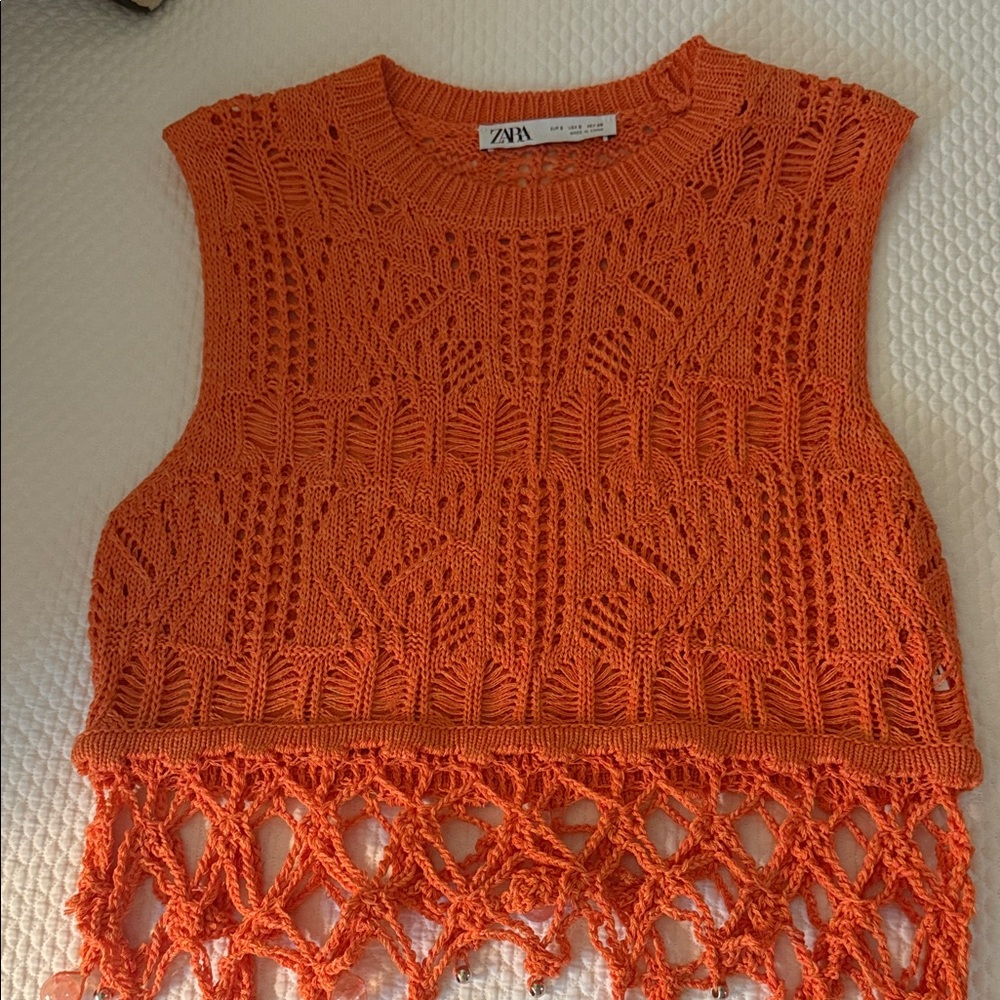 Zara Bright Orange Crochet Sleeveless Top